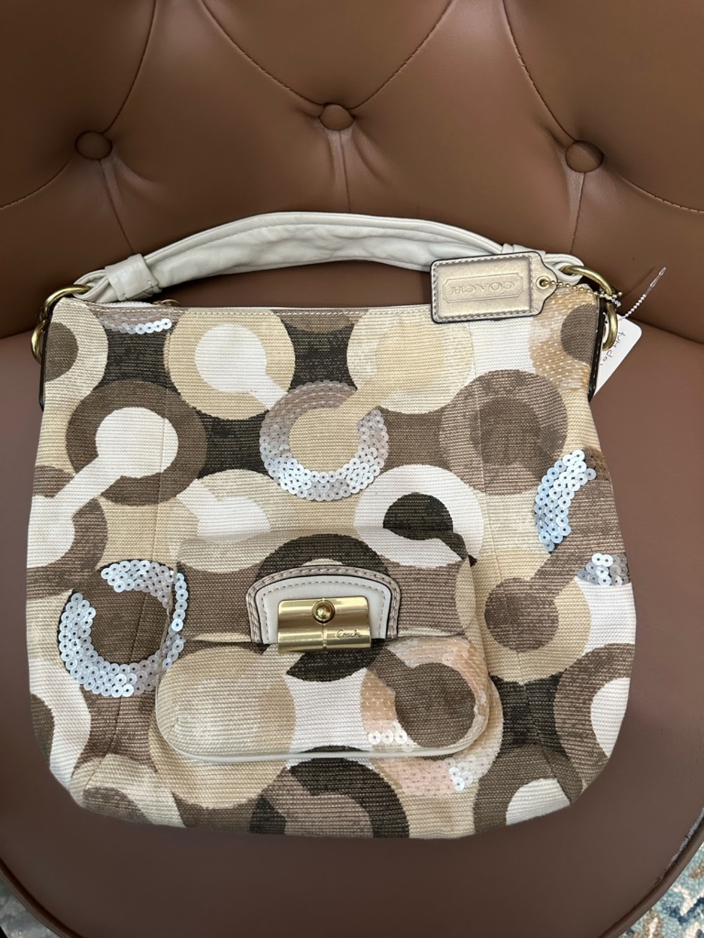 Coach Beige, Cream and Brown Kristin Signature Shoulder Bag #14860